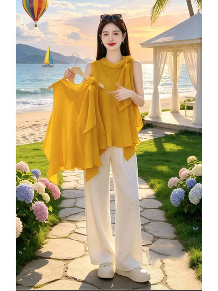 

Yellow Beltless Sleeveless Vest Shirt Women's Summer Loose Casual Style round Neck Design Breathable Comfortable Ladies Top