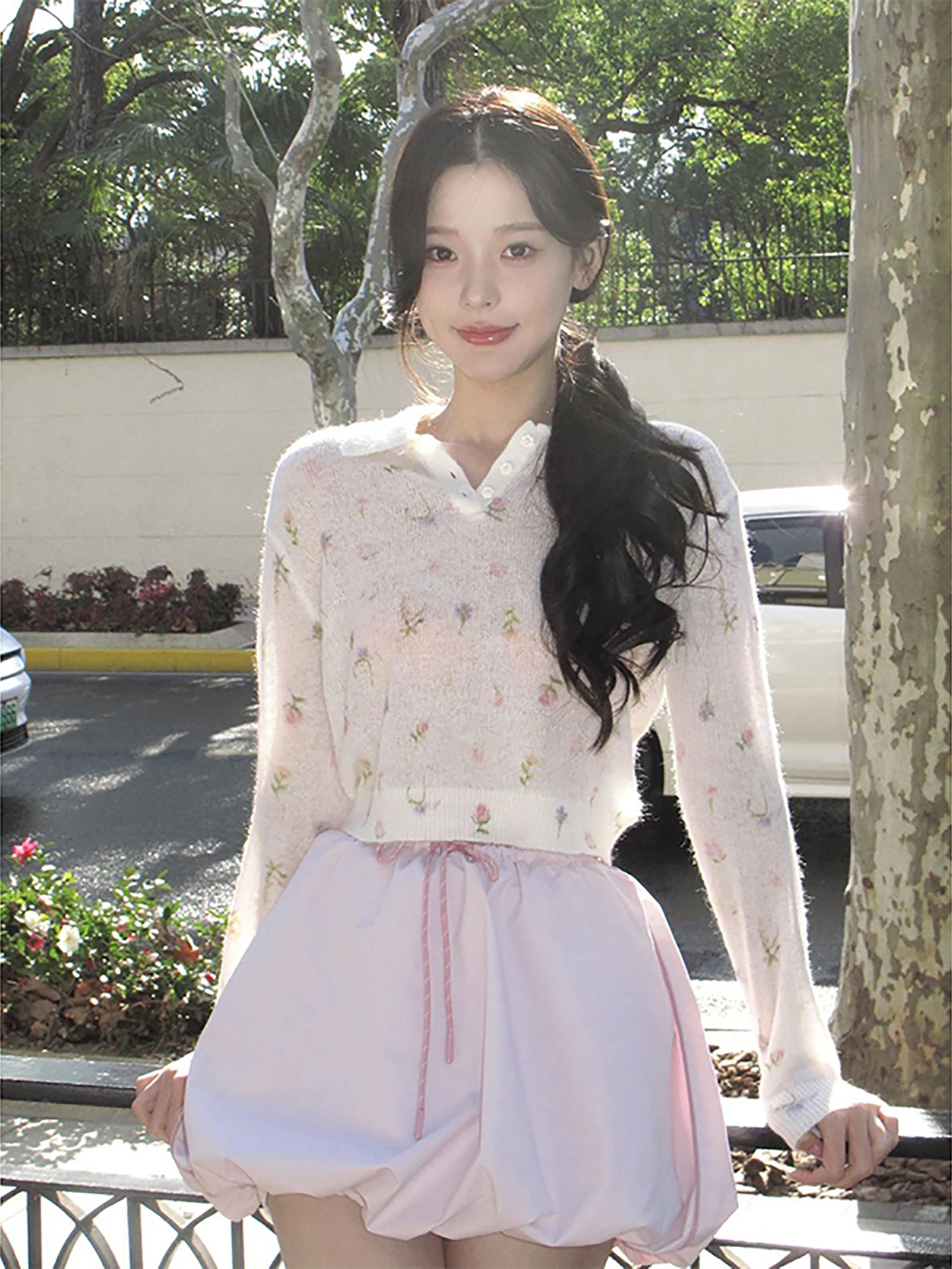 

Pink Floral Print Knitted Blouse And Short Skirt Two-Piece Set for Women Gentlewoman Style Spring Fashion Casual Breathable