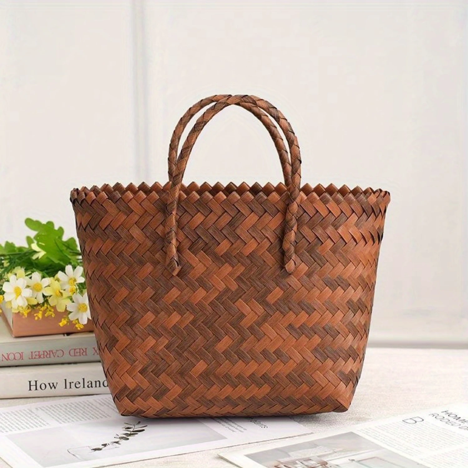 Imitation Rattan Woven Tote Bag, Small Vegetable Basket Bag, Women Travel Vacation Beach Bag