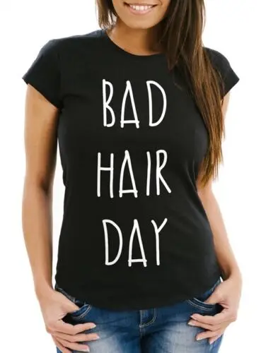 Damen T-Shirt Bad Hair Day Print Slim Fit Moonworks®