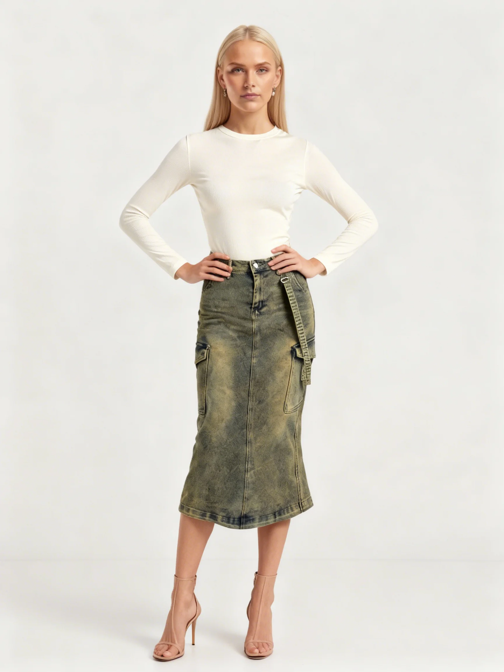 Vintage Washed Denim Cargo Midi Skirt for Women High Waist Straight Fit Streetwear Utility Pocket Skirt Casual Fashion Bottom