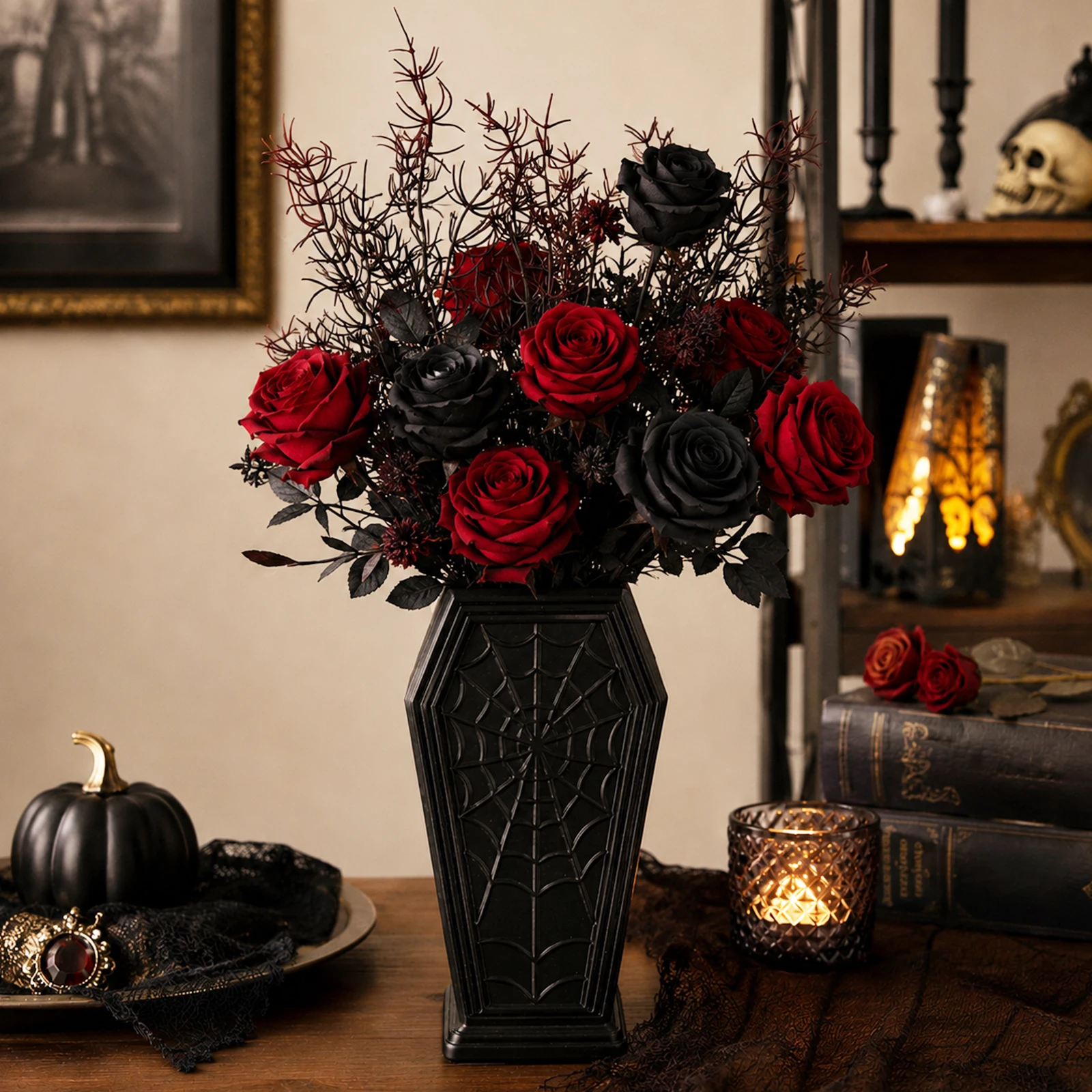 Dark Gothic Spider Web Embossed Coffin Shaped Vase, Black Halloween Flower Vessel Tabletop Floral Decor Ornament