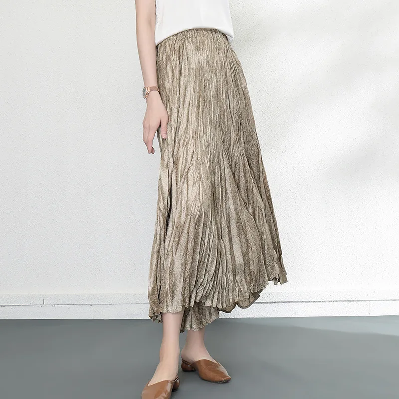 HKSH Women Skirt Fashion High-waisted Solid Color A-Line Versatile Pleated Casual Loose Trendy Long Skirts Spring Summer HK28784