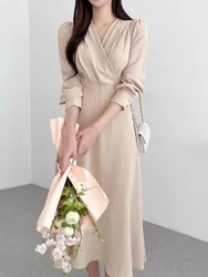 Korean Fashion Long Sleeve V-neck Women Dress Casual Solid Color High Waist Khaki Long Dreses 2026 New Spring Clothes Streetwear