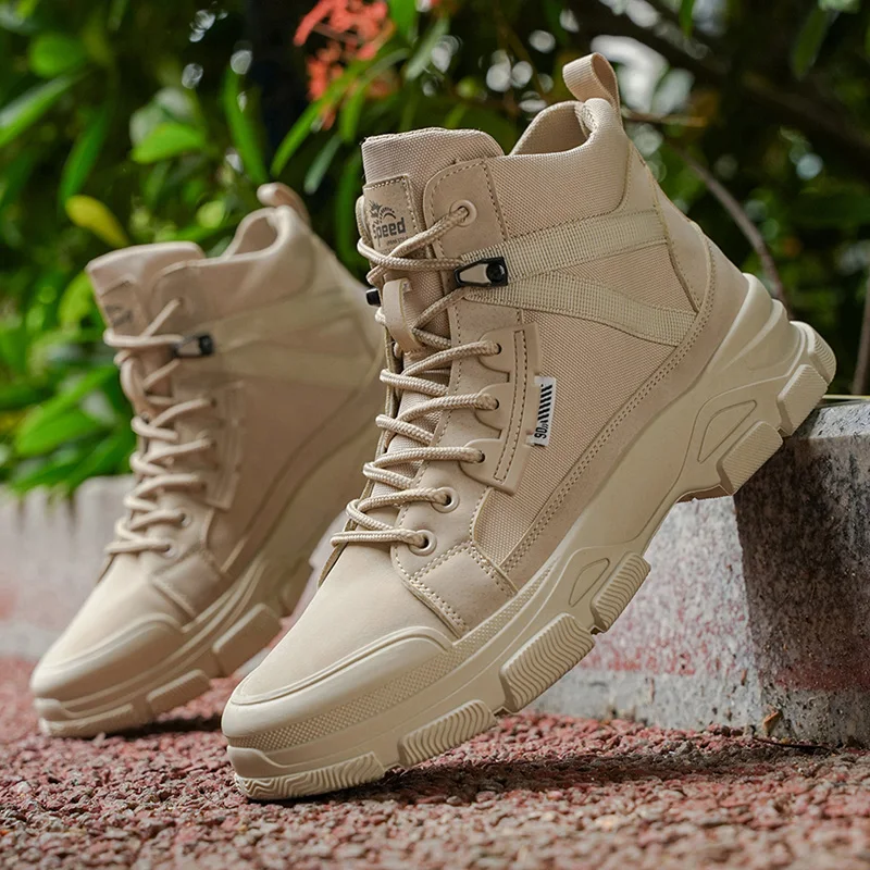 Vintage Canvas Men Work Boots Non Slip Thick Sole High Top Casual Shoes Lace Up Daily Fashion Ankle Sneakers