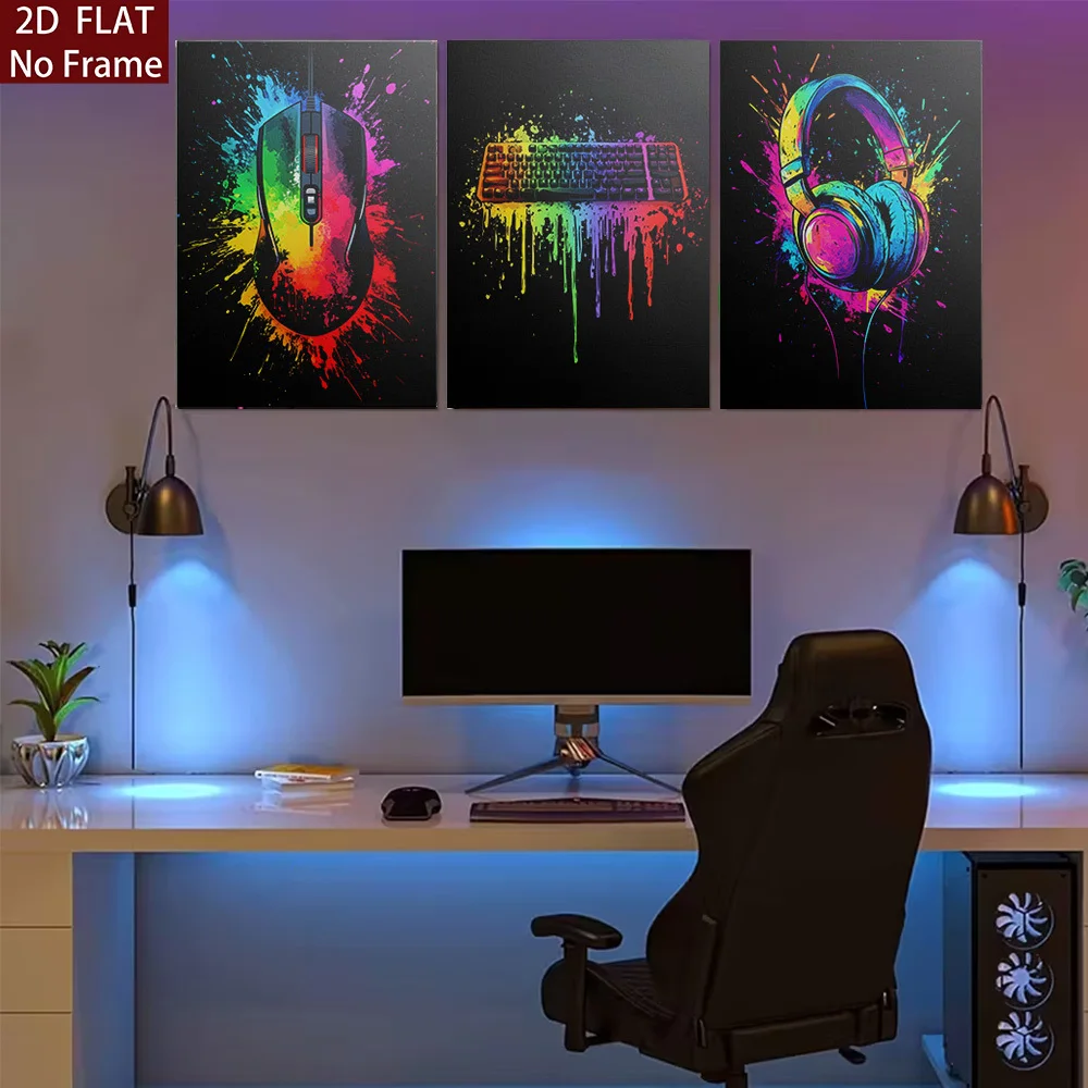 (Sans cadre) 2D plat, [2D plat] 3 pièces, style cyberpunk cool sans cadre, tableaux décoratifs muraux, manettes de jeu éclairées au néon, Ga