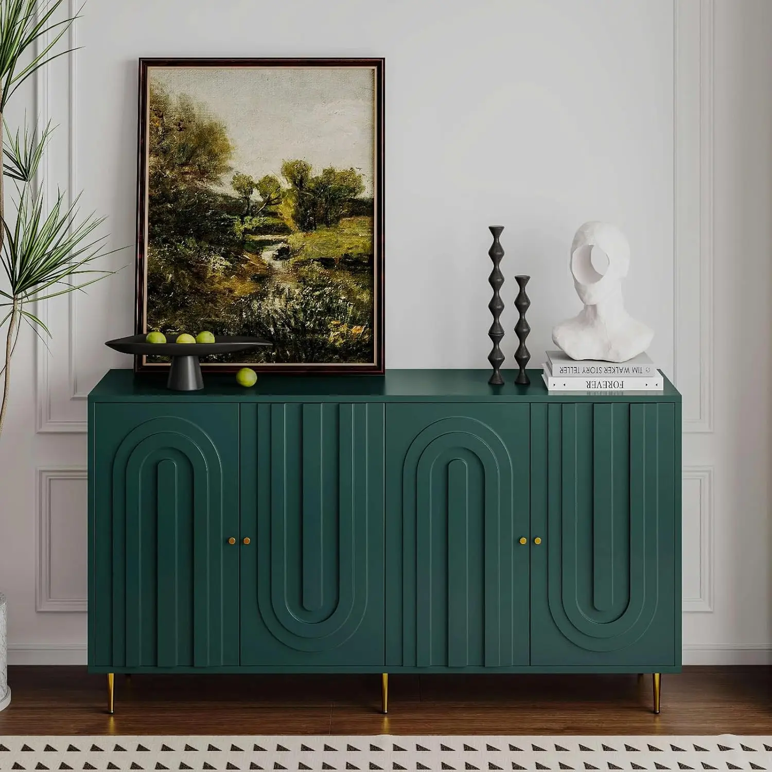 Aparador Buffet Accent Cabinet, mesa de entrada verde com armazenamento, aparadores de madeira para sala de estar, Home Bar, 4 portas