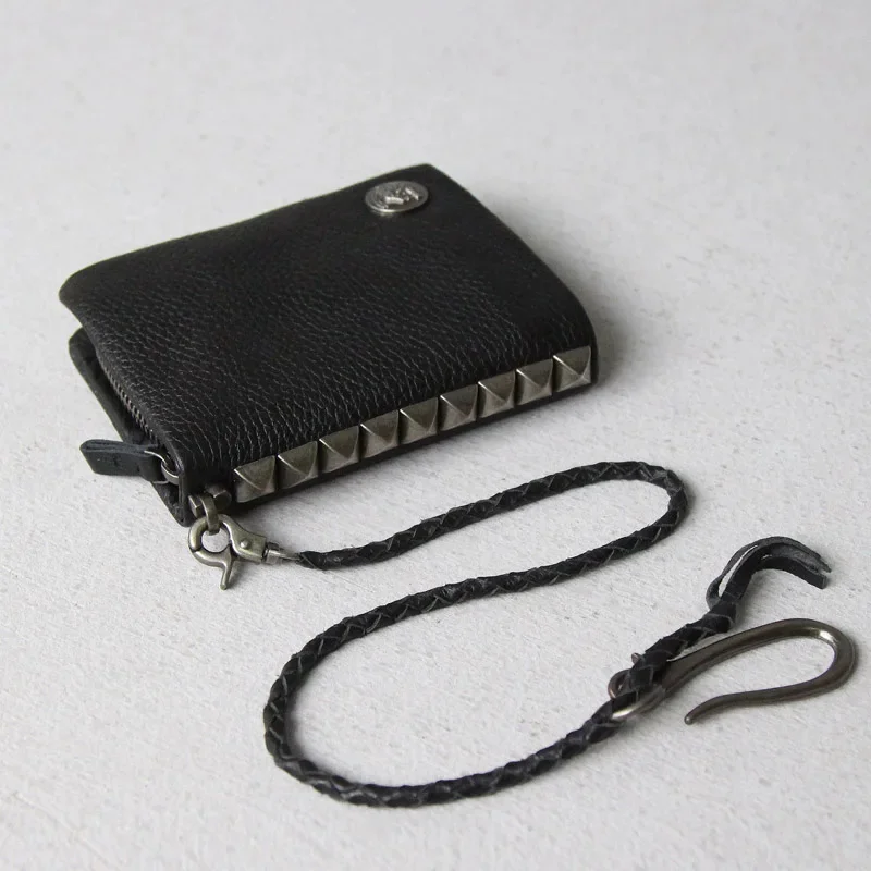 Hot fashion rivet chain genuine leather wallet Leather men short purse male zip around money clip bag