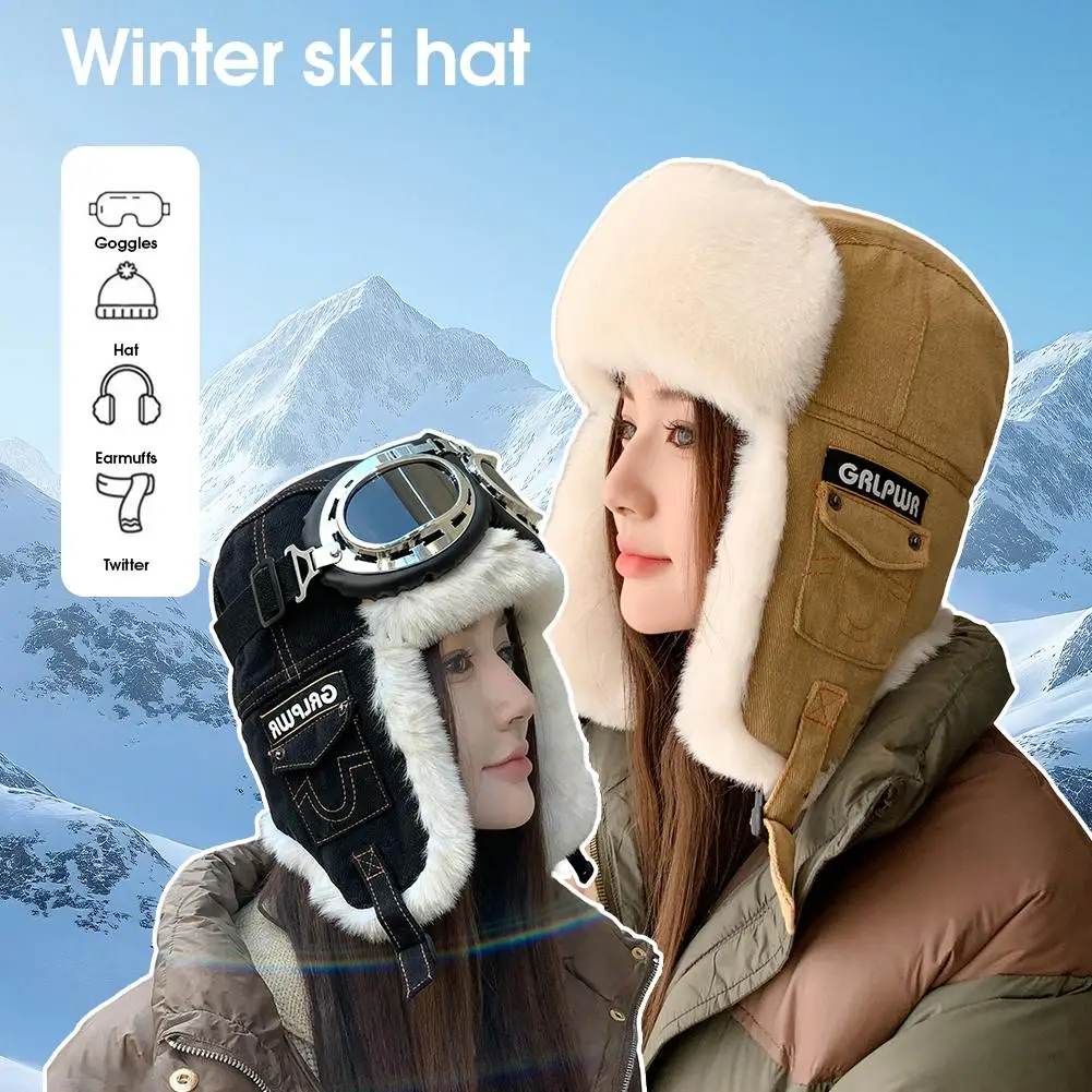 

Утолщенная флисовая кепка-пилот для мужчин, теплая ветрозащитная защита ушей, велосипедная шапка, стильная осенне-зимняя термошапка, очки, шапка Wi R8Q7