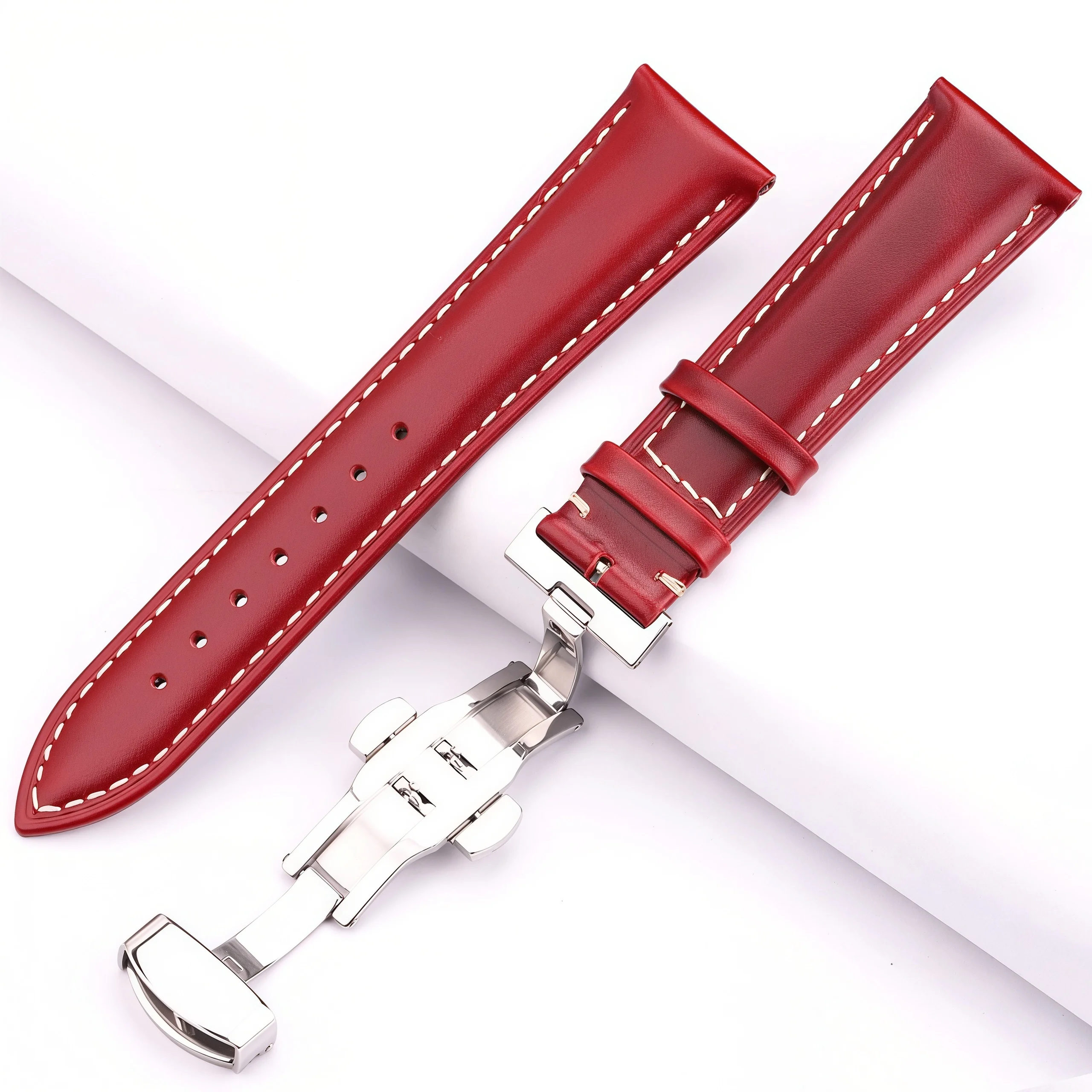 

Oil Wax Genuine Leather Watch Strap with Butterfly Clasp 18 20 22 24mm Vintage Cowhide Band Double Push Button Deployment Buckle
