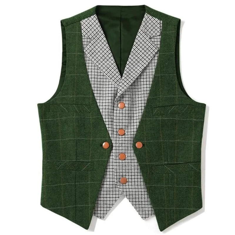 Men Vest Brown Slim Fit V Neck With Gray Grid Single Breasted Waistcoat Casual Formal Business Men Coat