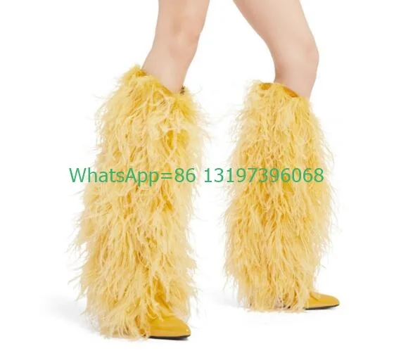 Lady Pointed Toe Yellow Pink Fur Knee Pu Boots Metallic Pu Feather Boots Fur Footwear Rozmiar 35-46 Vintage Fur Party Shoes Boots