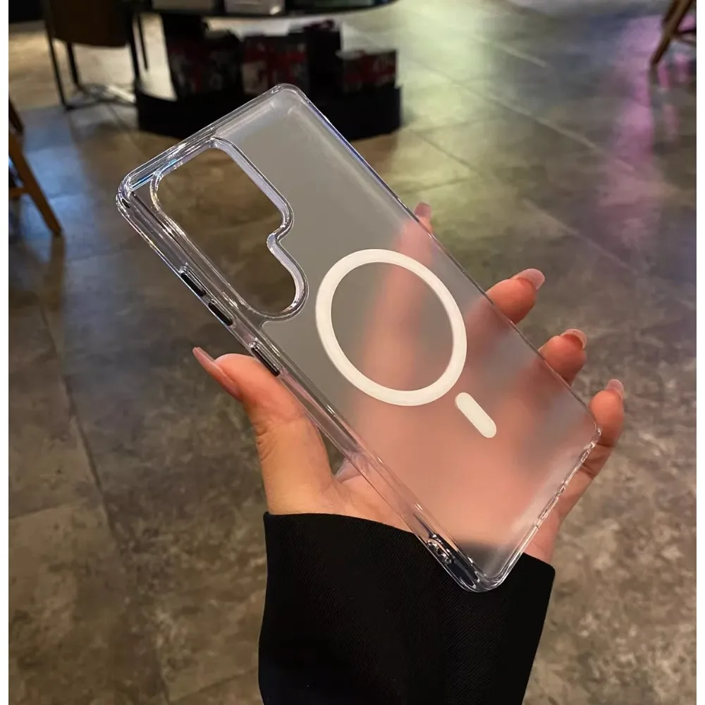 حافظة مغناطيسية أصلية شفافة غير لامعة لهاتف سامسونج جالاكسي S25 الترا بلس S24 شحن لاسلكي رفيع ونحيف مضاد للسقوط