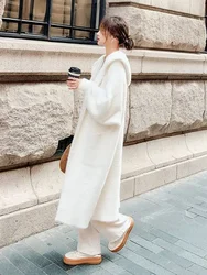 Faux Mink Coat Hooded Knit Cardigan Women's Mid-Length Autumn and Winter 2024 New Lazy Wind Sweater Coat  Sweaters for Women