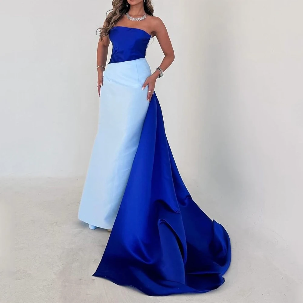 

Light Sky Blue Evening Dress Dark Royal Blue Satin Draped Column Prom Gowns Strapless Sleeveless Women's Formal Party Dress Maxi