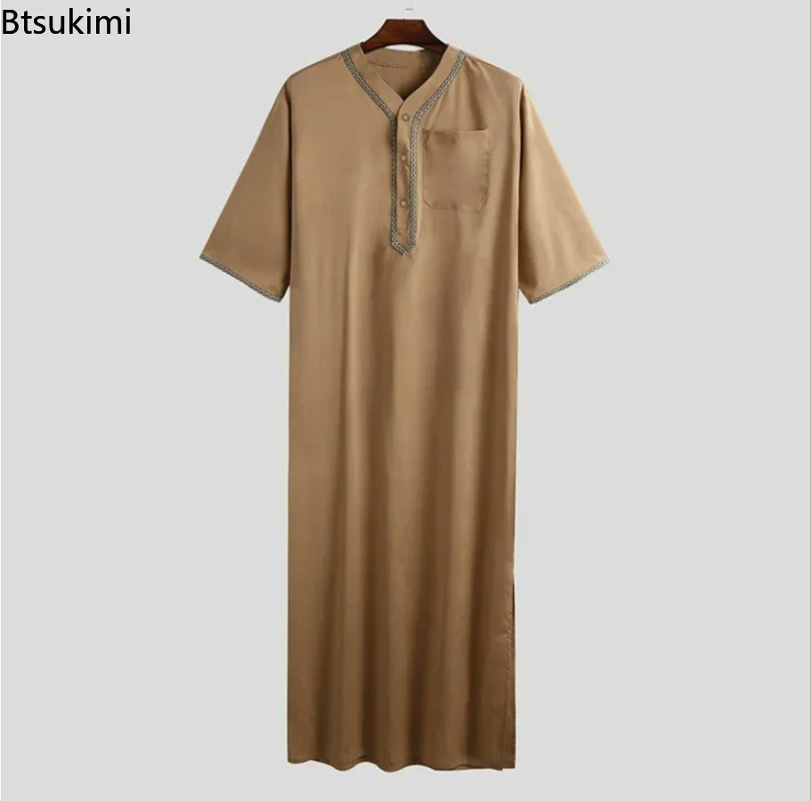 Kimono musulmán Jubba Thobe para hombre, túnica media con botones sólidos, camisa musulmana saudita, cuello levantado, caftán árabe islámico,