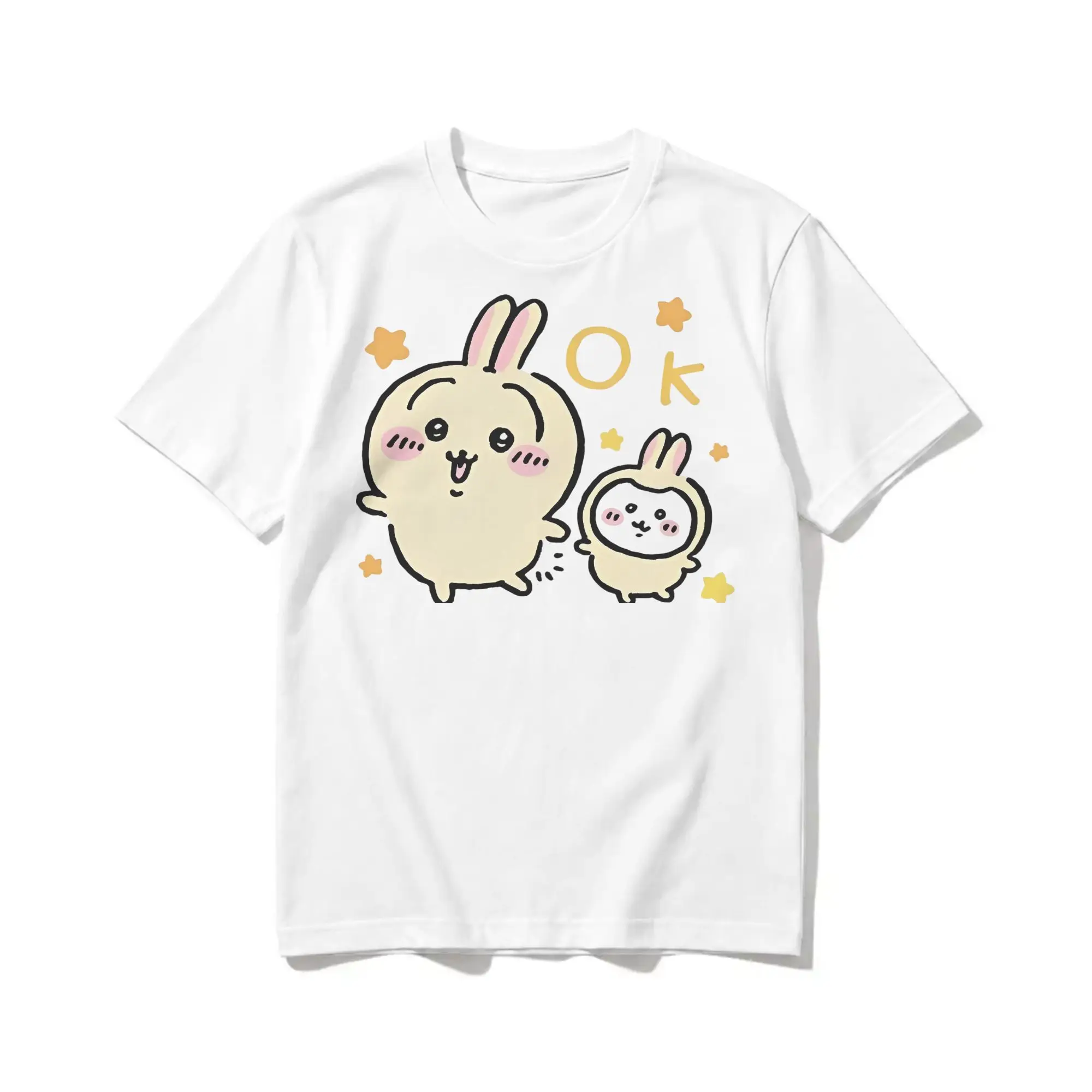 Hip Hop Chiikawaii Usagi Cute OK Tshirt Men Crewneck Short Sleeve Tops  100%Cotton Summer Clothes