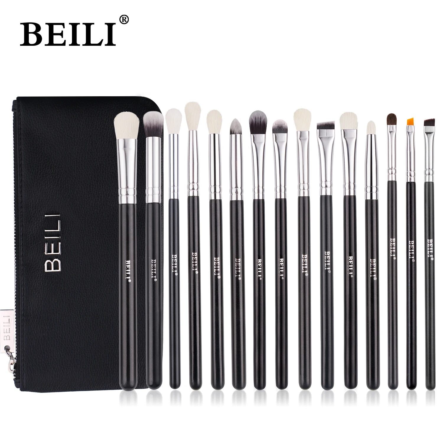 BEILI Black Makeup Brushes 15Pcs Goat Hair eyebrow Eyeshadow Eyeliner Blending brush set With Bag High Quality Professional