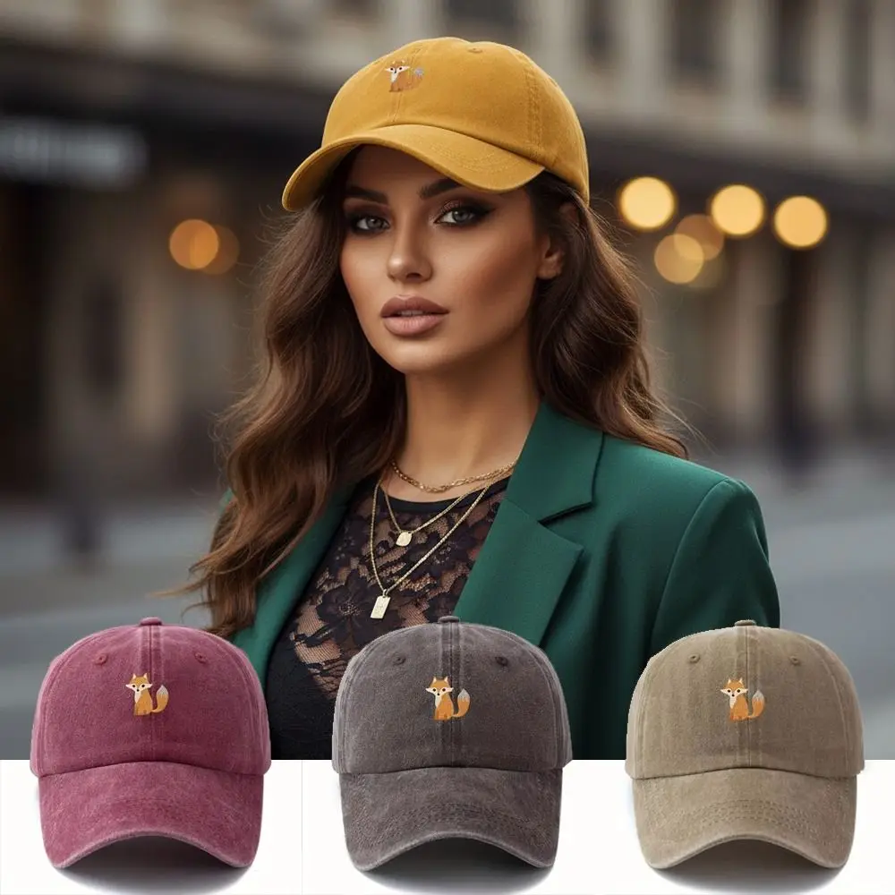 Fox Pattern Printed Visor Baseball Cap Washed Cotton Adjustable Peaked Cap Outdoor Leisure Faded Baseball Hats