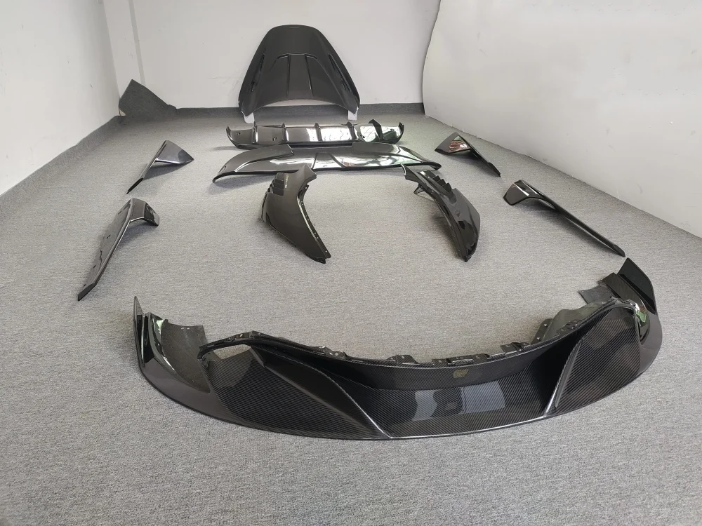 For McLaren 720s Replacement Kit R Style Dry Carbon Fiber Rear Diffuser Side Skirt Front Lip Spoiler Hood Mudguard Body Kit