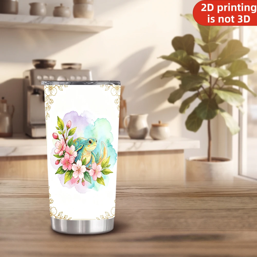 20oz Sea Turtle Cherry Blossom Printed Stainless Steel Tumbler with Lid and Straw, Floral Ocean Wildlife Vacuum Insulated Travel Coffee Mug