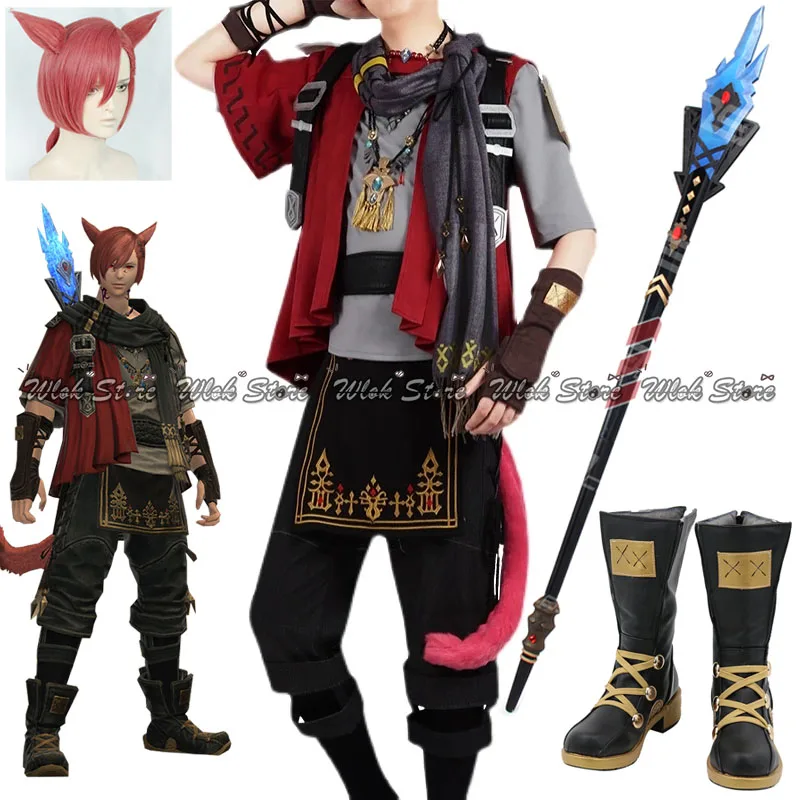 

Final Fantasy FF14 Gurahattiya Battle Suit Uniform Graha Tia Little Red Cat Game Cosplay Costume Halloween Party full set wig