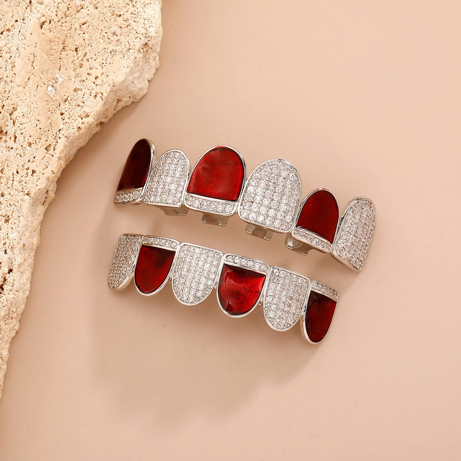 Rapper Hip‑Hop Grillz Set Red Enamel Iced Out Zircon Glow‑In‑Dark Two‑Tone Top Bottom Teeth Cap Wholesale Jewelry