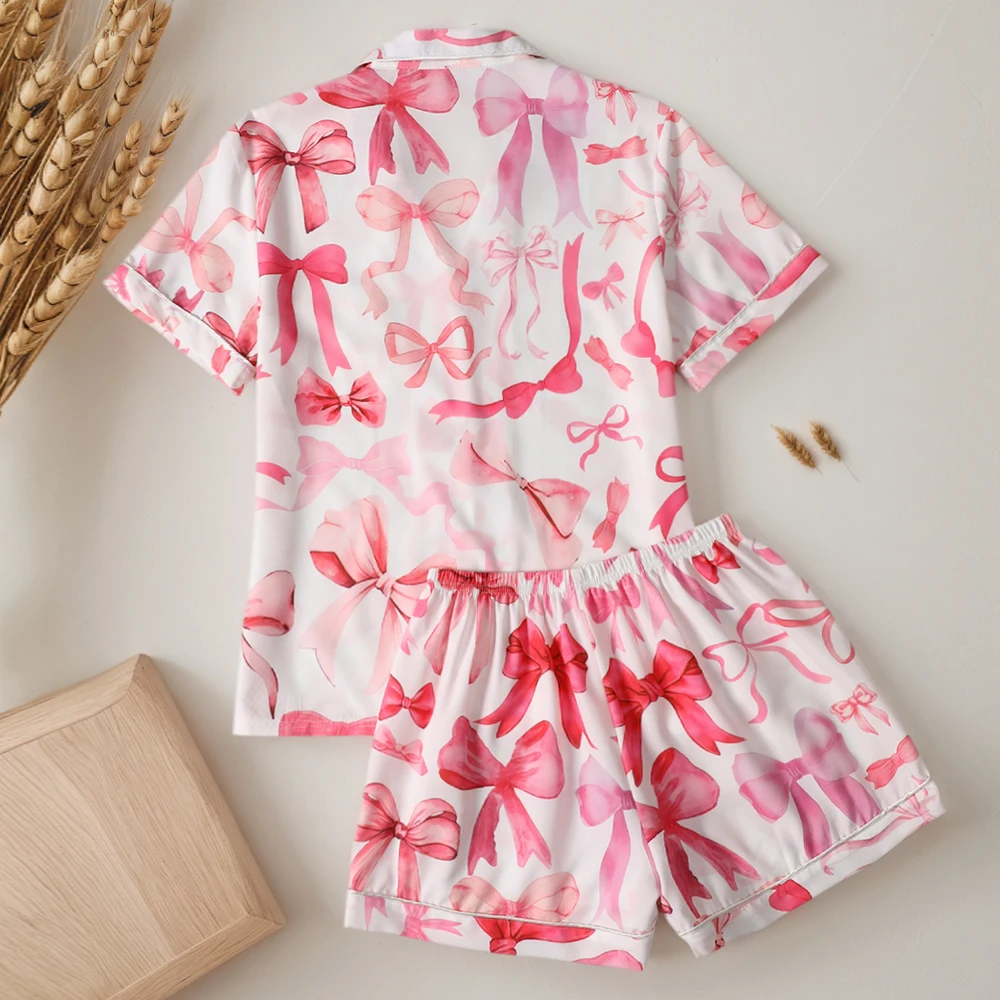 Women Pink Bow Printed Pajama Set Soft Short Sleeve Lapel Collar Tops & Elastic Waist Shorts Sleepwear Loungewear Nightwear