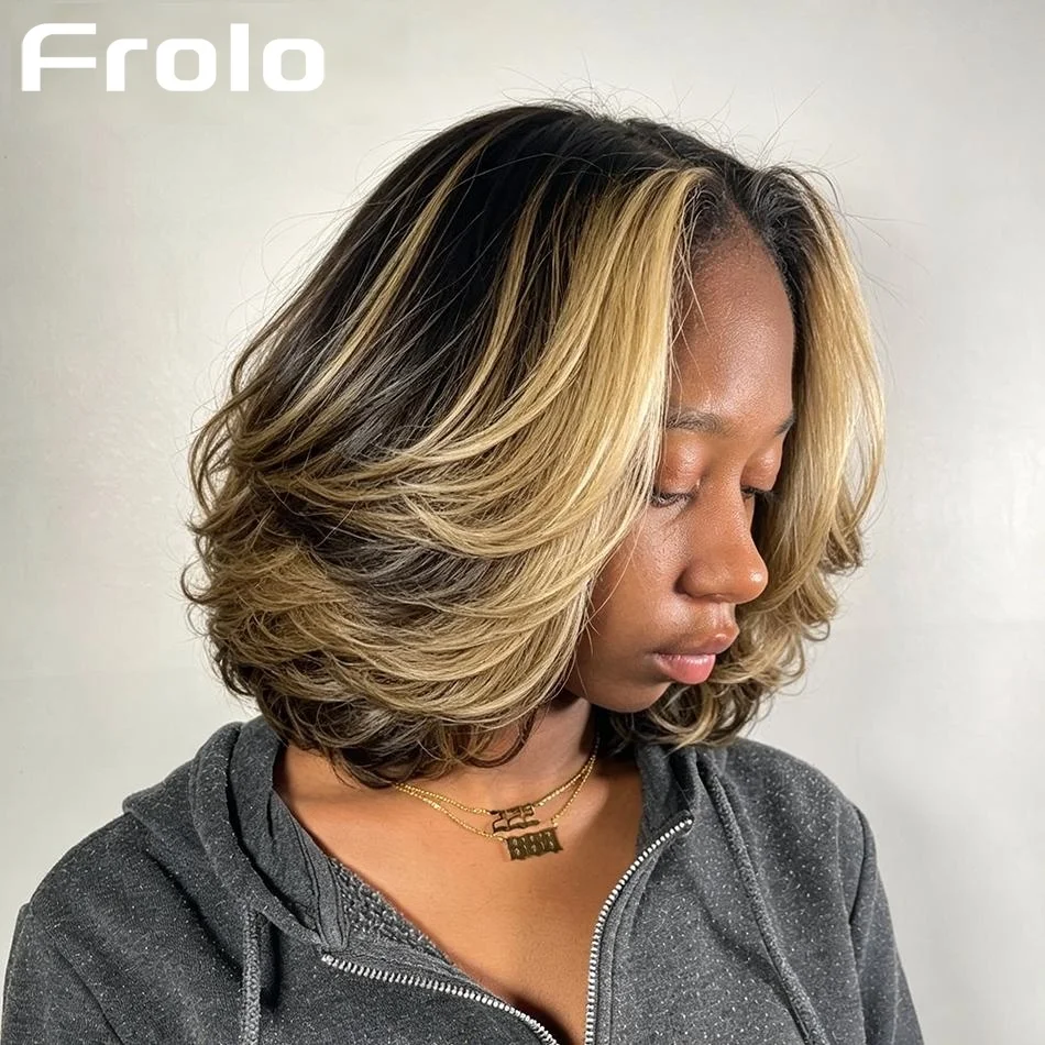 

Honey Blonde Highlights Layered Wig With Bangs Bob Wig Human Hair 5x5 Hd Lace Closure Wig Layered Wig Colored Lace Frontal Wigs