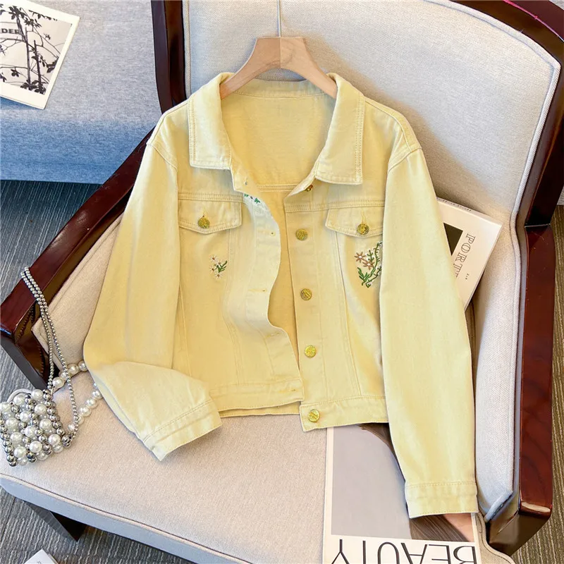 Korean Vintage Flower Embroidery Yellow Short Denim Jacket Women Lapel Single-Breasted Long Sleeve Jeans Jacket Coat Streetwear