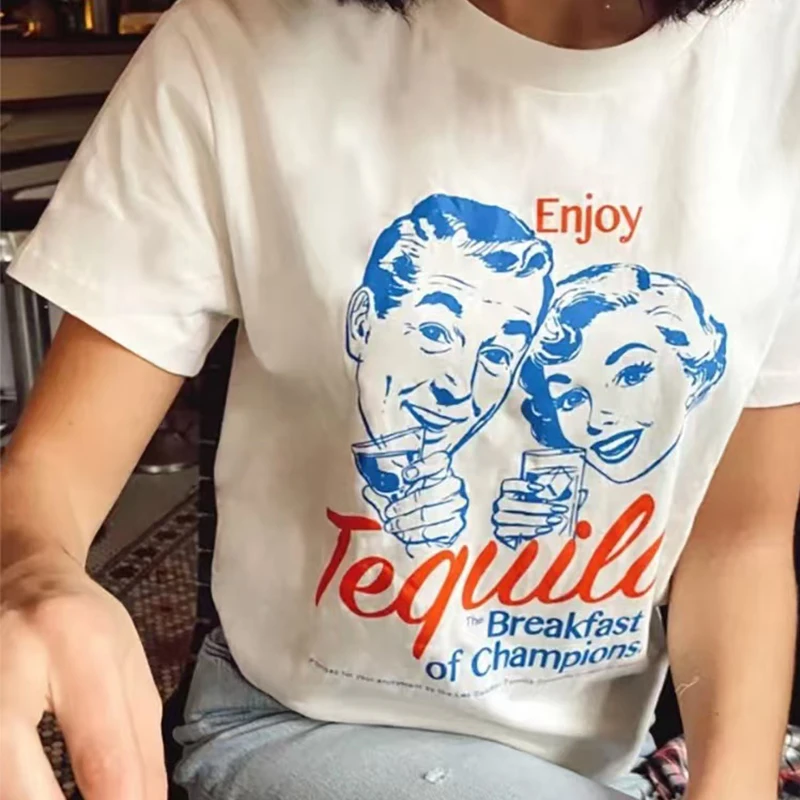 Enjoy Tequila Retro Graphic Cotton Tee Women Cute Funny Alcohol Drinking T-Shirts Vintage Fashion T Shirts Tops Unisex Clothing