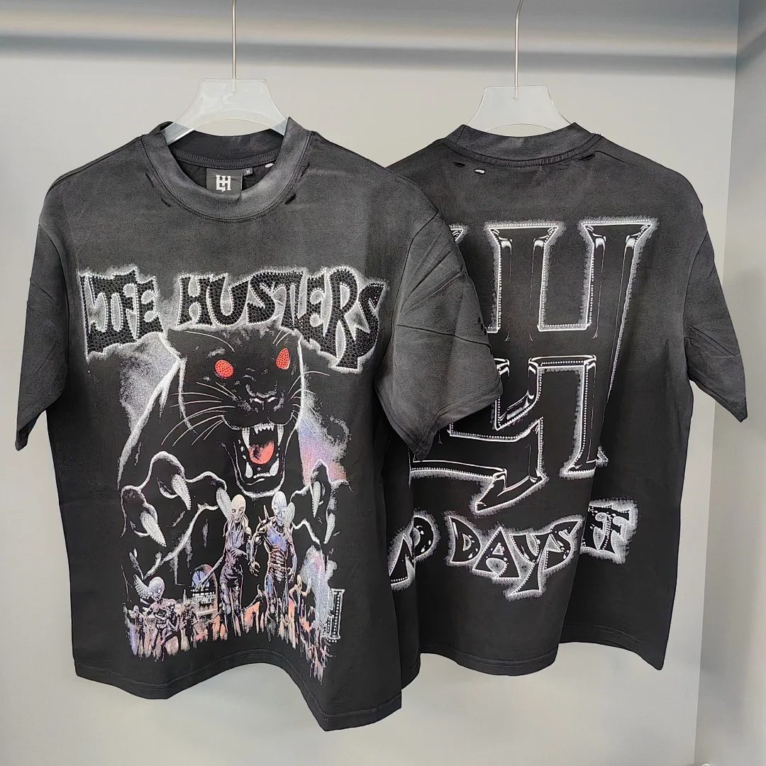 

2026ss HUSTLERS Hotfix Rhinestone Logo Black Panther Men T shirts American Streetwear Vintage Fashion Hiphop Cotton Men T shirt