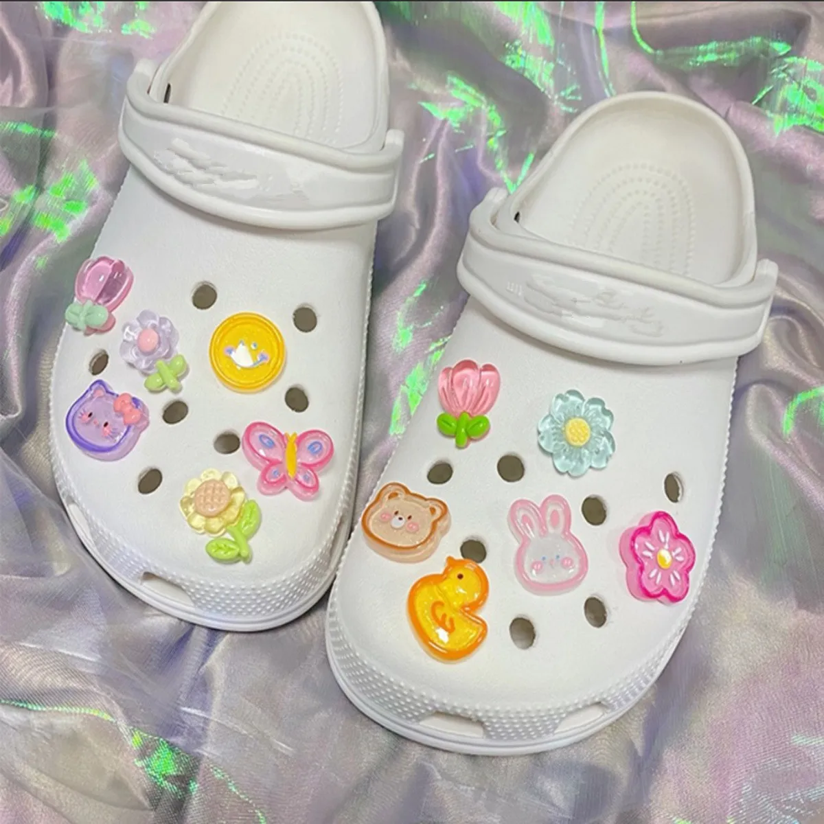 1 conjunto de amuletos de sapato de cristal conjunto de animais fofos decorações de sapato menina arco-íris doce flor diy designer sapatos destacáveis acessórios