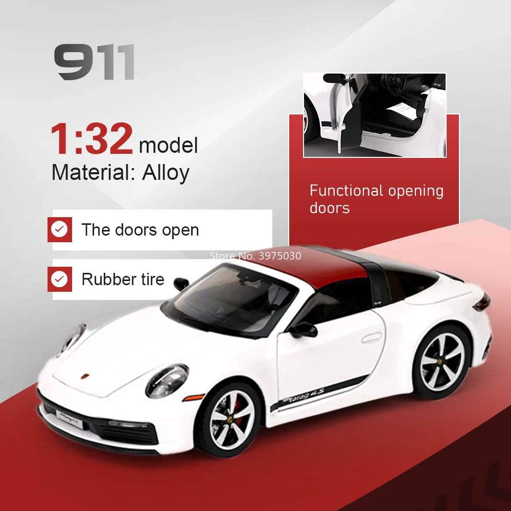 

1:32 911 Targa Alloy Diecast Car Miniature Model Toy Doors Opened Sound and Light Front Wheel Steering Vehice Gift for Boyfriend