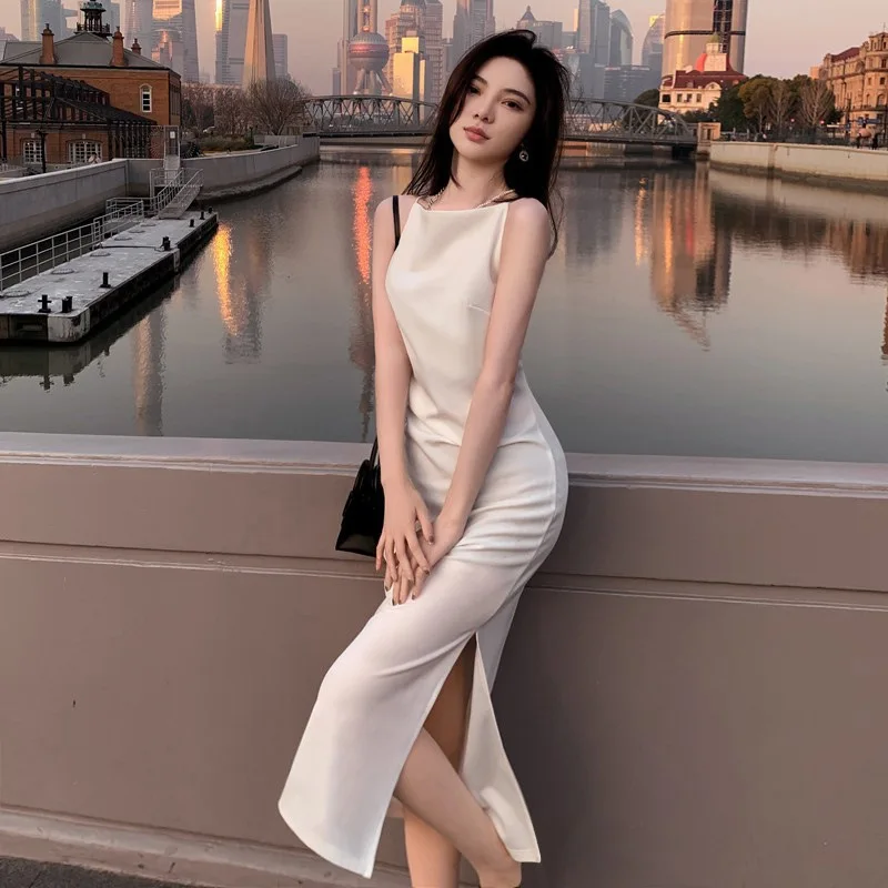French Off-Shoulder Dress for Women, Summer High-End White Sleeveless Mini Dress, Elegant Birthday Textured Strap Dress