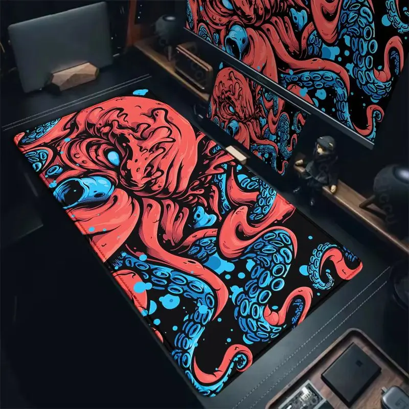 VIKAMA Retro Kraken Octopus Cthulhu XXL Mouse Pad Red Blue Non Slip Rubber Stitched Edge Gaming Desk Mat Gamer Boy Gift Decor