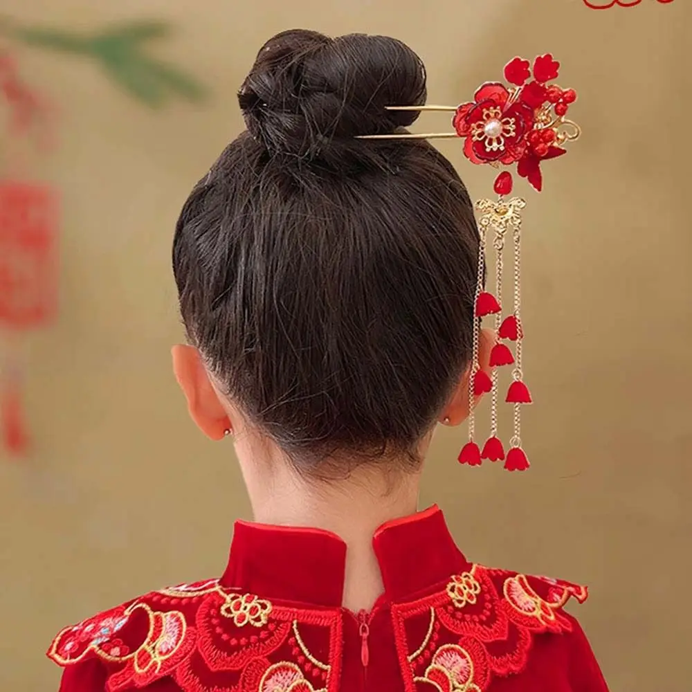 

New Chinese Flower Tassel Hair Sticks Plush Ball Pearl Bowknot New Year Hairpin Fashion Hair Accessories