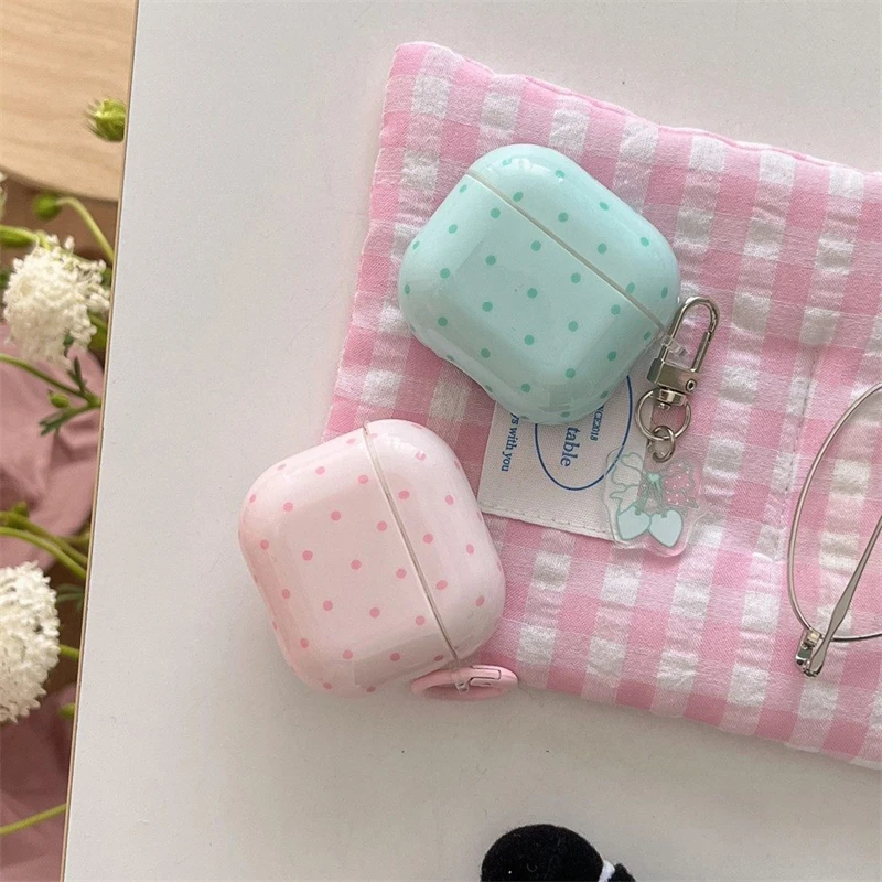 Cute Fresh Pink Green Polka Point Bow Pendant Glossy Earphone Case For AirPods 1 2 3 4 Pro 2 Pro 3 Shockproof Protective Cover