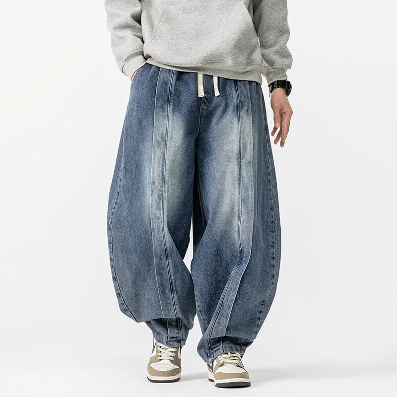 2025 New Vintage Harem Pants Men Loose Hip Hop Denim Wide Leg Pants Mens Straight Oversized Fashion Jeans Elastic Waist Trousers