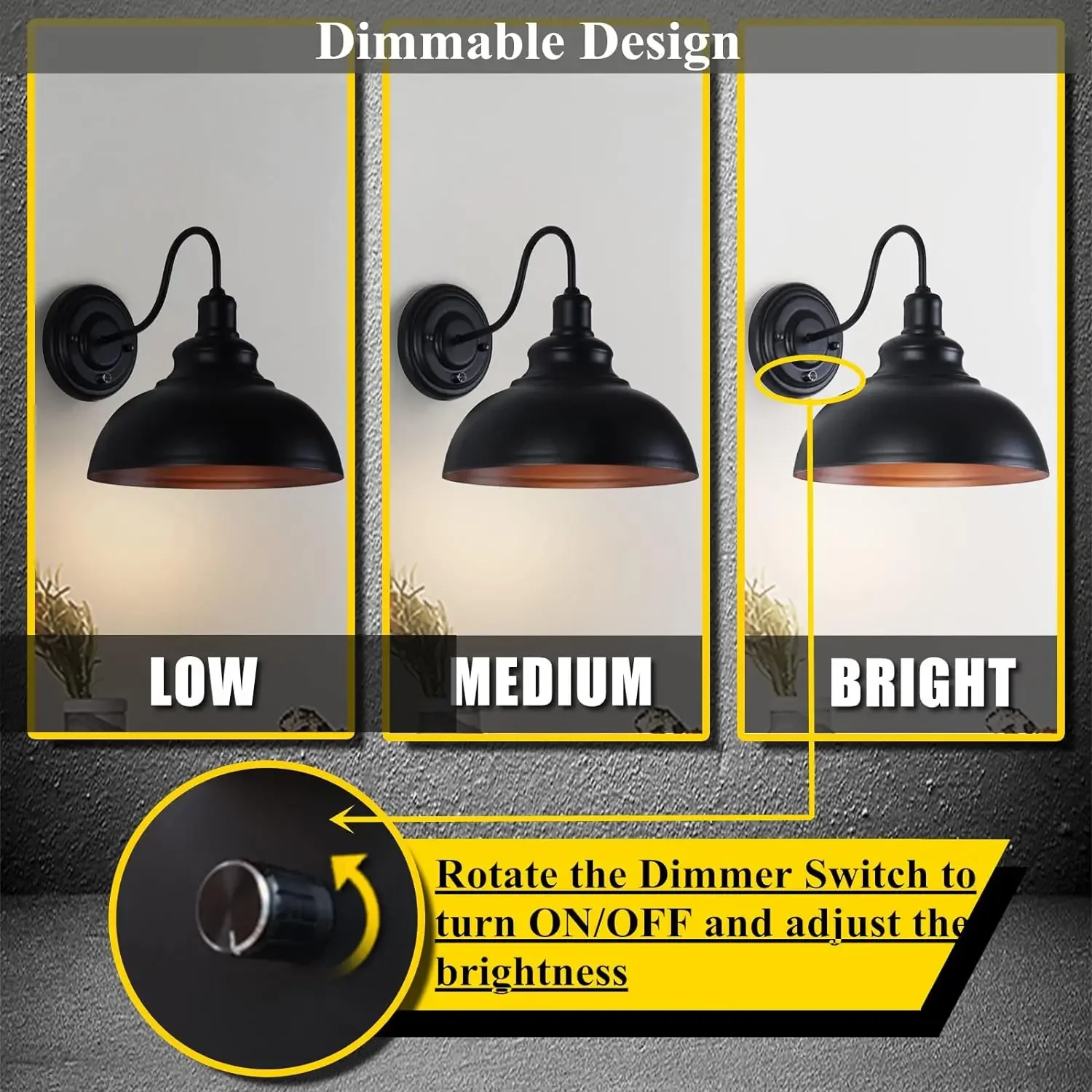 Black Wall Sconces with Dimmer ON/Off , Dimmable Wall Mount Light Fixture Industrial Lighting  Living Room