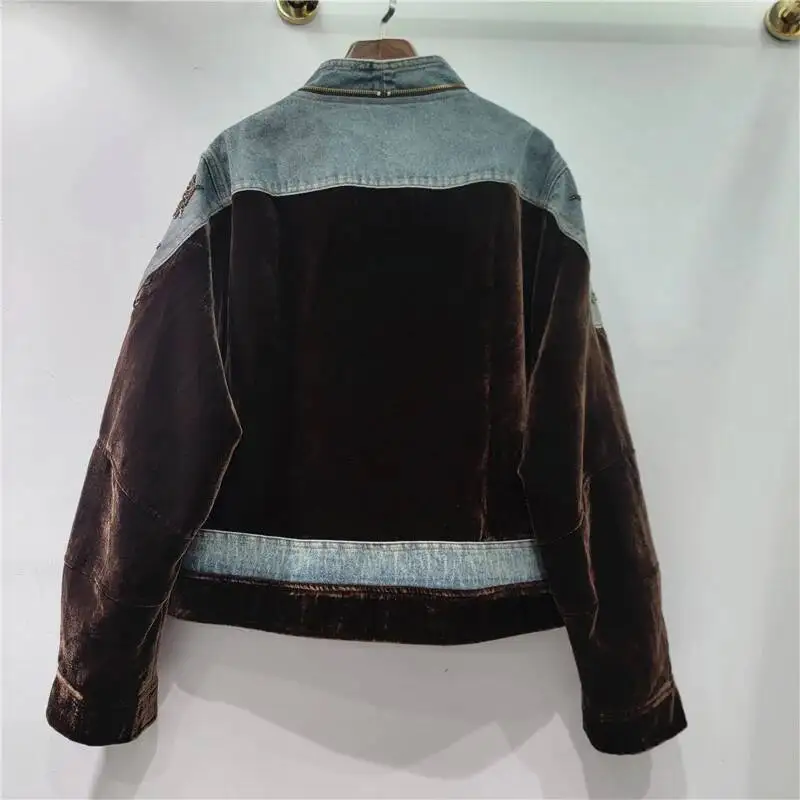 2026 Autumn New Retro Velvet Patchwork Color-Clashing Jacket with Unique Design, Beaded Embroidery Denim Jacket for Women