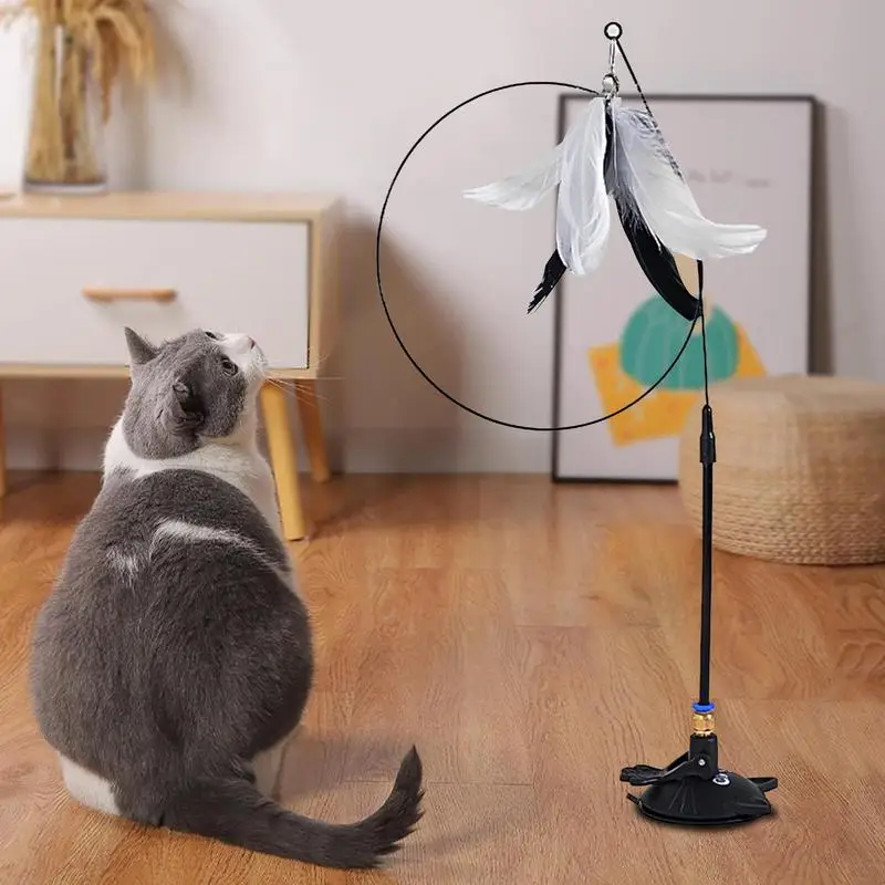 Self Play Cat Toys Interactive Feather Wand With Suction Cup Portable Pet Toys For Indoor Cats Cute Kitten Toys For Relaxing