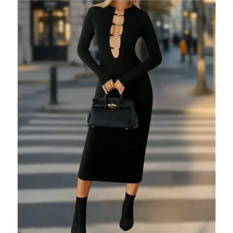 เดรสไหมพรมแขนยาวทรงเข้ารูป คอวีเว้า  ความยาวปานกลาง เหมาะสำหรับงานแต่งงาน  งานเลี้ยง  หรือใส่ลำลองในฤดูใบไม้ร่วง สำหรับผู้หญิง