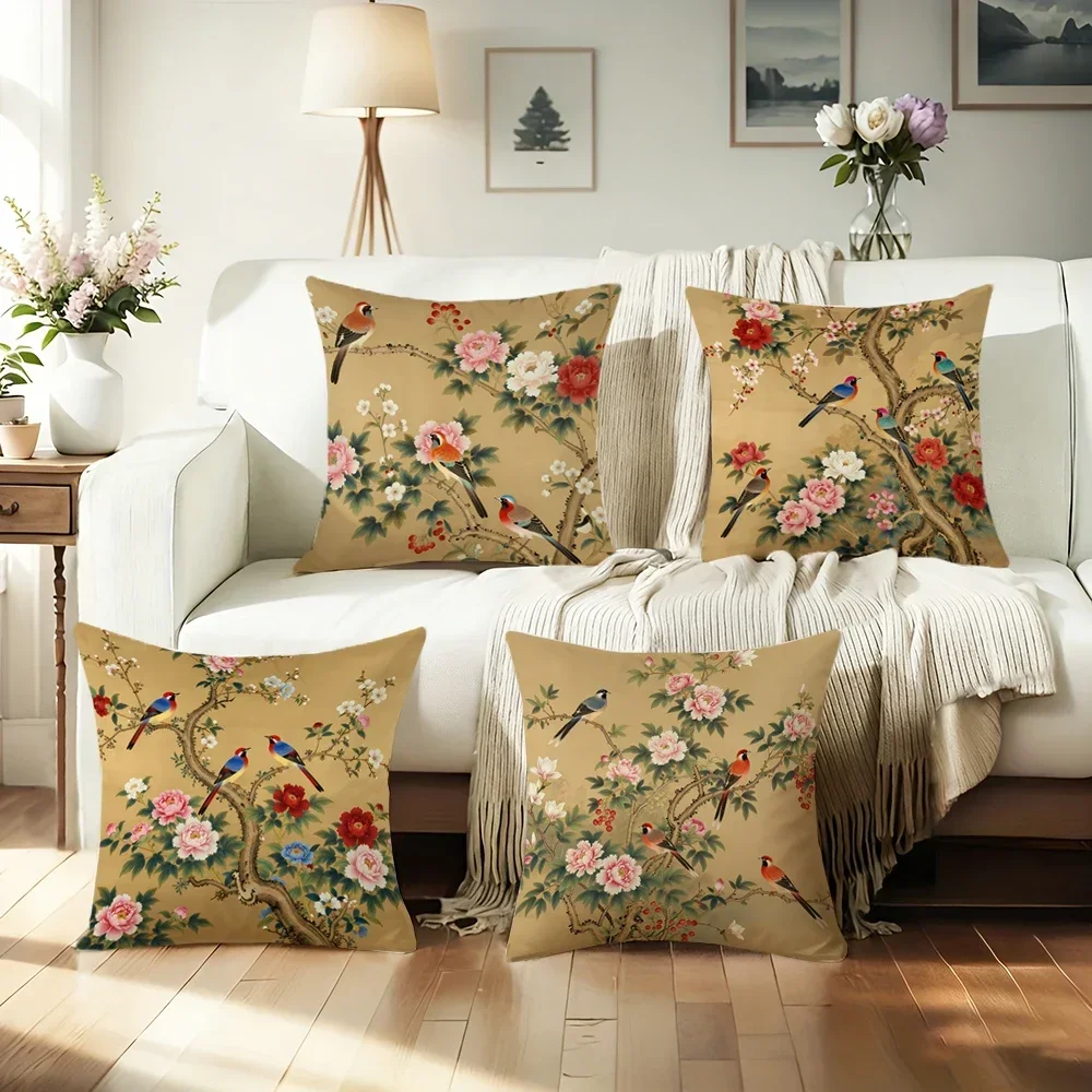 1pc Exquisite Floral Bird Patterned Pillowcases Sofa Cushion Cover Home Bedroom Room Decoration