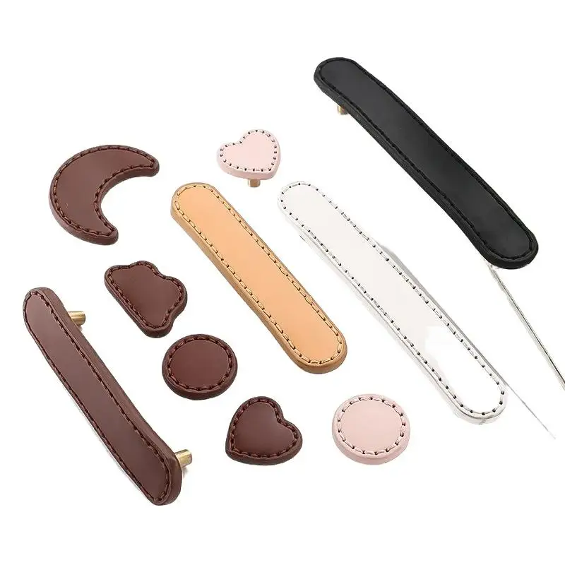 درج من الجلد الطبيعي الناعم يسحب مقبض ومقبض لخزانة غرفة الأطفال باب النحاس مقبض من الجلد خزائن بنية سحب #6