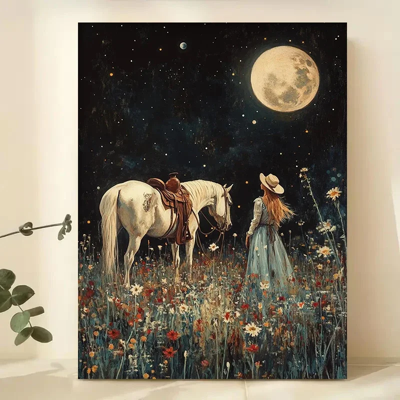 Multiple sizes 1pc frameless Canvas Painting,Maximalist Horse Wildflower Horse Riding Western Cowgirl Poster and Prints Canvas P