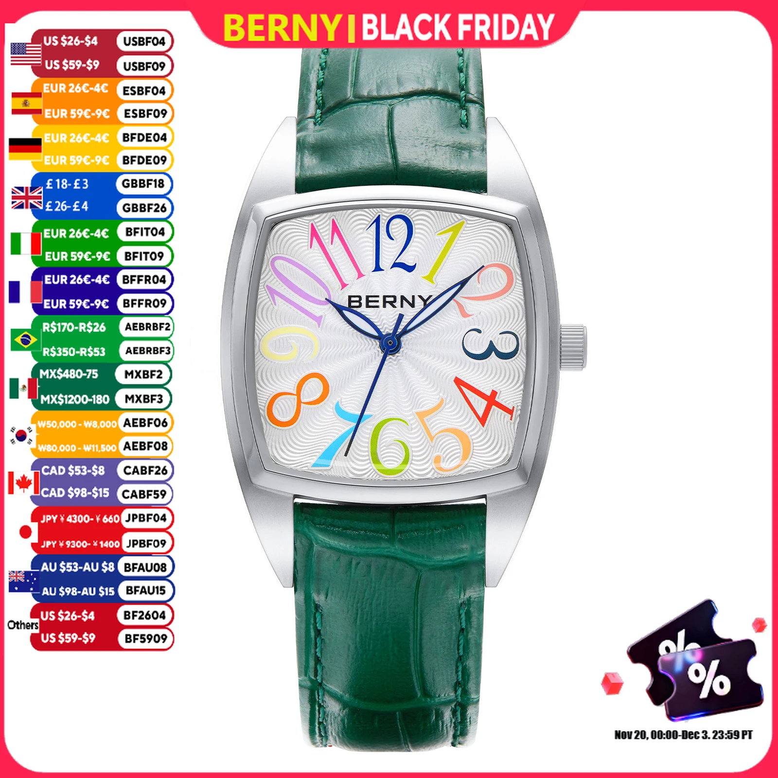 BERNY Uhren für Damen, elegant, lässig, S/S-Lederarmband, quadratisch, Quarz, Damenuhr, bunte Ziffer, leicht ablesbare Armbanduhr