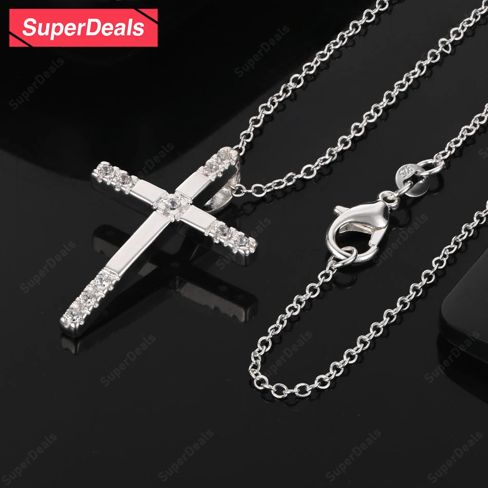 SuperDeals 925 فضة الصليب قلادة قلادة AAA الزركون النساء حفلة عيد ميلاد الرجال الكلاسيكية العصرية سحر غرامة مجوهرات