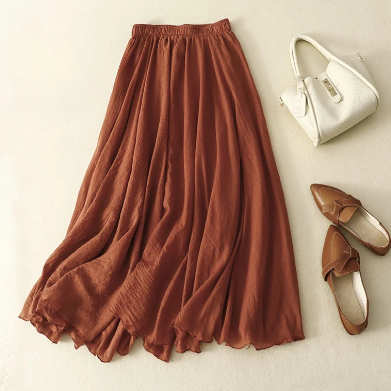 Slim Cotton Leaf Edge Double Layer Half Skirt Loose Waist A- shaped Big Swing Skirt Women Casual Style Long skirt