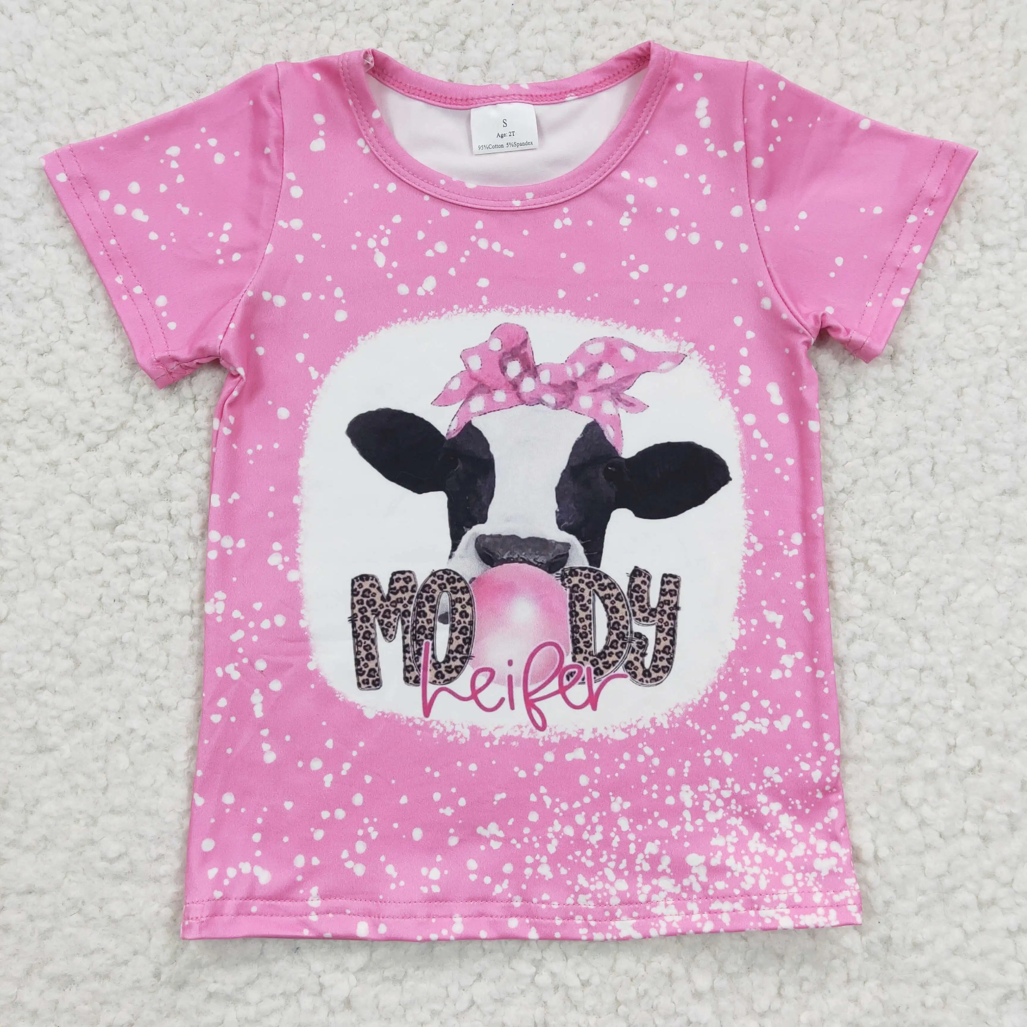 GT0128 Moody Cow Pink Dots Print Girl Black Short Sleeve T-shirt Boutique